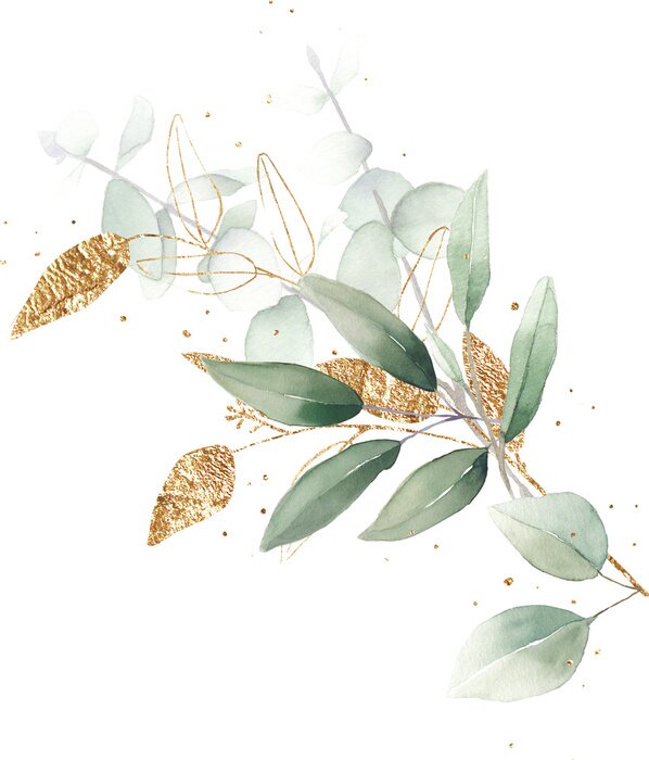 Poster Aquarell-Blätter mit goldenen Details
