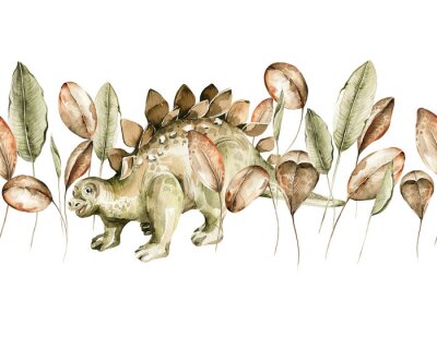 Aquarell-Dinosaurier inmitten von exotischen Blättern