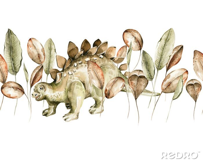 Poster Aquarell-Dinosaurier inmitten von exotischen Blättern