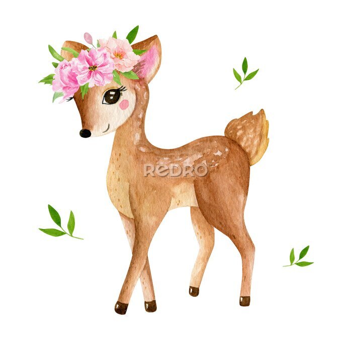 Poster Aquarell eines Hirsches mit einem Kranz auf dem Kopf