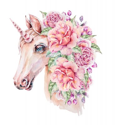 Poster Aquarell-Einhorn mit üppigen Blüten