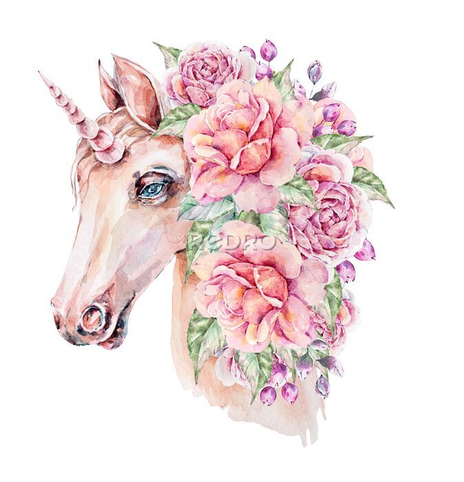 Poster Aquarell-Einhorn mit üppigen Blüten