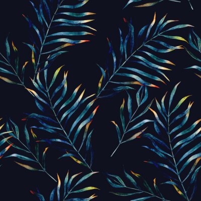 Aquarell exotischen nahtlose Muster, grüne tropische Blätter, botanische Sommer Illustration auf schwarzem Hintergrund