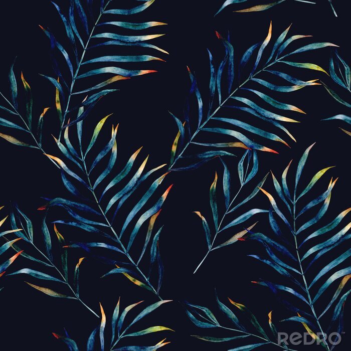 Poster Aquarell exotischen nahtlose Muster, grüne tropische Blätter, botanische Sommer Illustration auf schwarzem Hintergrund