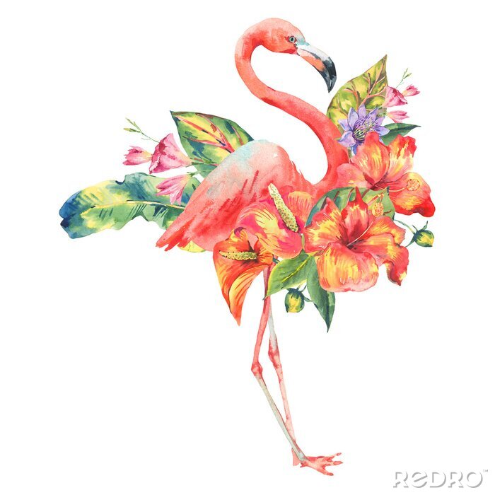 Poster Aquarell Flamingo zwischen Blumen