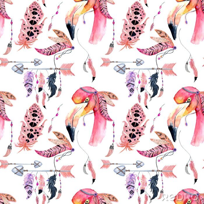Poster Aquarell-Flamingos und Vogelfedern