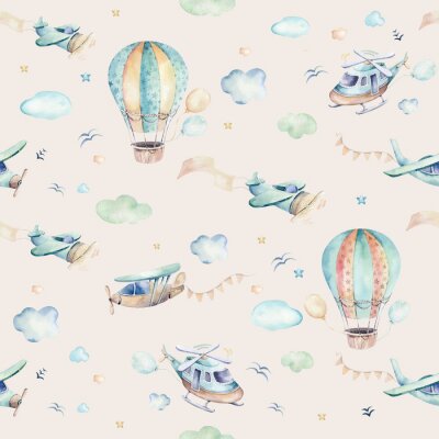 Aquarell Flugzeuge und Luftballons zwischen den Wolken