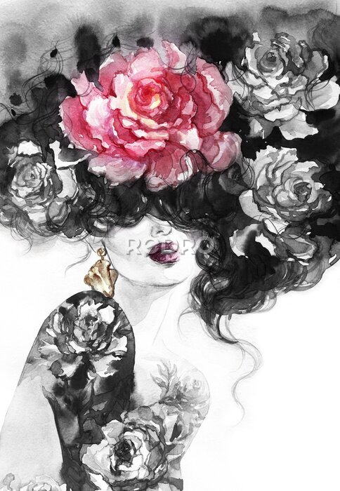 Poster Aquarell-Frau mit Blumen
