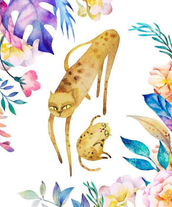 Poster Aquarell-Geparden inmitten von mehrfarbigen Blättern