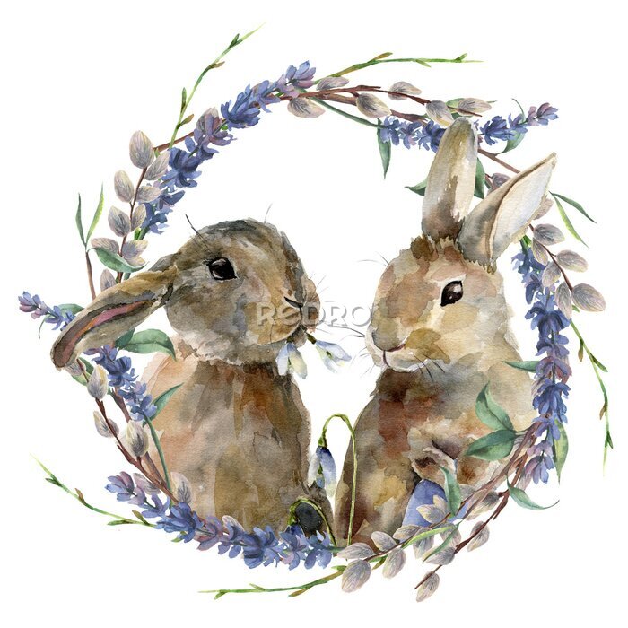 Poster Aquarell-Kaninchen inmitten von Lavendel- und Weidenzweigen