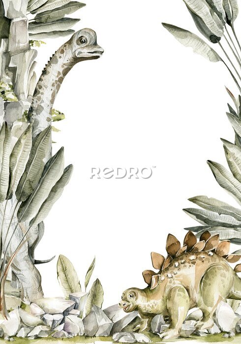 Poster Aquarell-Muster mit Dinosauriern auf weißem Hintergrund
