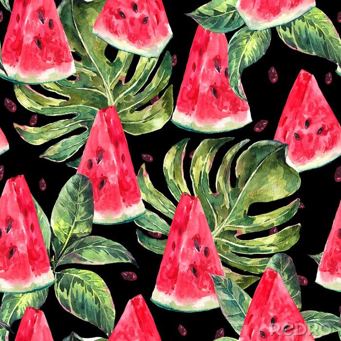 Poster Aquarell nahtlose Muster mit Scheiben Wassermelone