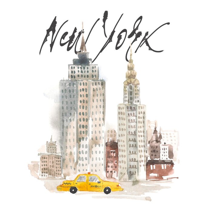 Poster Aquarell: New Yorker Wolkenkratzer mit einem gelben Taxi