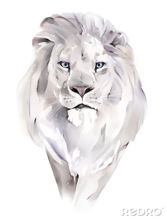 Poster Aquarell-Porträt eines Löwen in Grautönen