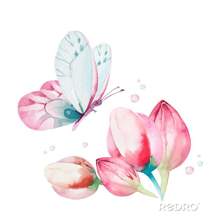 Poster Aquarell Schmetterling fliegt bis zu einer Blume