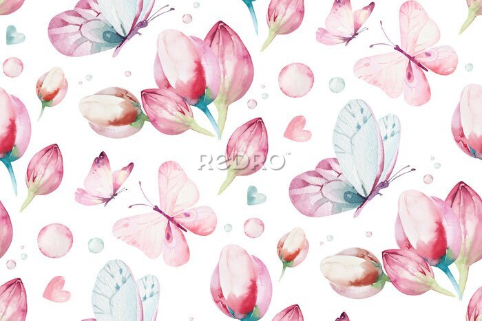 Poster Aquarell-Schmetterlinge inmitten von Blumen auf weißem Hintergrund
