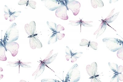 Aquarell-Schmetterlinge und Libellen auf weißem Hintergrund