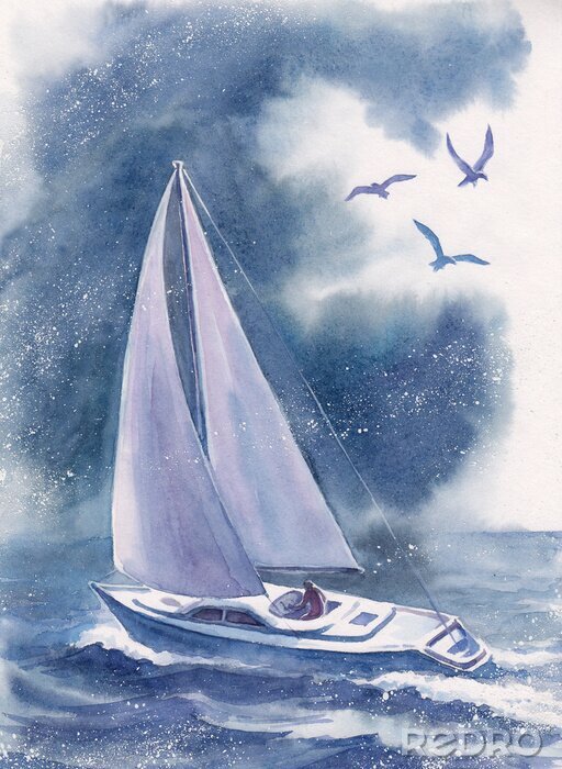 Poster Aquarell-Segelboot und Möwen