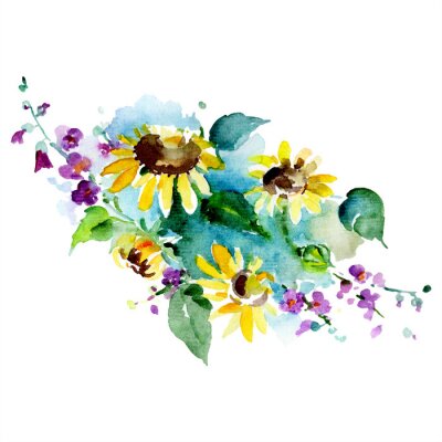 Poster Aquarell-Sonnenblumen im romantischen Strauß