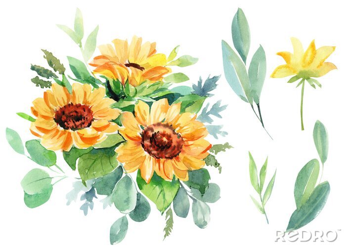 Poster Aquarell-Sonnenblumen Strauß inmitten der Blätter