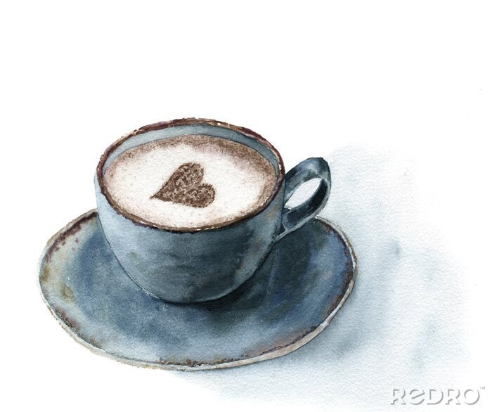 Poster Aquarell Tasse Cappuccino mit Zimt Herzdekor. Essen Illustration mit blauen Tasse Kaffee auf weißem Hintergrund. Handgemalter Druck für Design oder Druck.