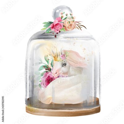 Poster Aquarellgemälde eines Einhorns mit Krone