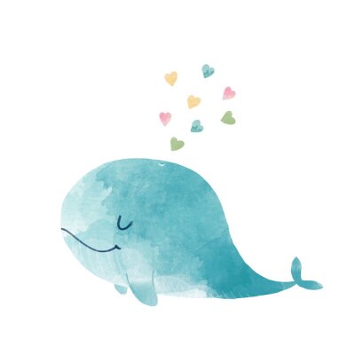 Poster Aquarellierter Wal und bunte Herzen