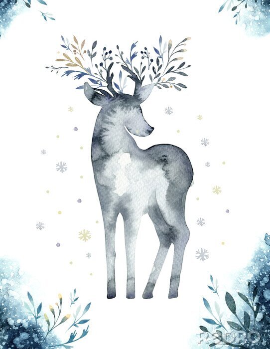 Poster Aquarellnahaufnahmeporträt von blauen Rotwild. Getrennt auf weißem Hintergrund. Hand gezeichnete Weihnachtsindigoillustration. Grußkarte Tier Winter Design Dekoration