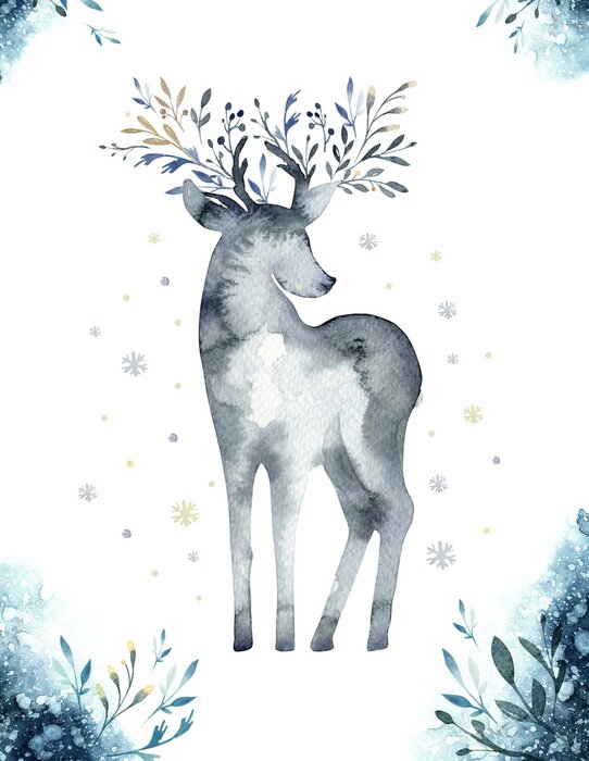 Poster Aquarellnahaufnahmeporträt von blauen Rotwild. Getrennt auf weißem Hintergrund. Hand gezeichnete Weihnachtsindigoillustration. Grußkarte Tier Winter Design Dekoration