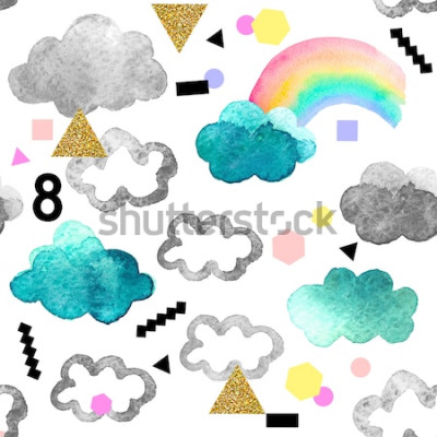 Poster Aquarellwolken und ein mehrfarbiger Regenbogen