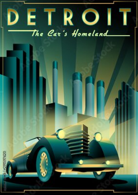 Poster Art-déco-Grafik mit Kraftfahrzeugen