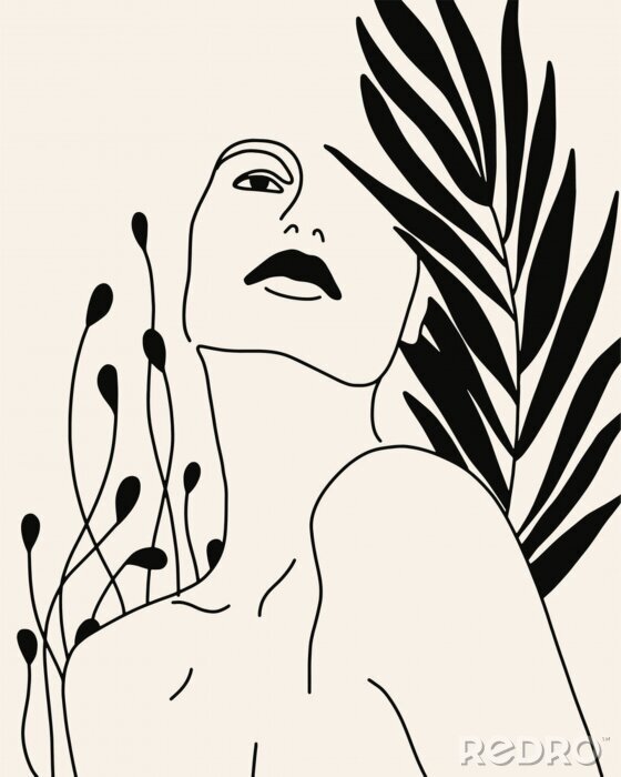Poster Art Line Umriss einer Frau und Blätter