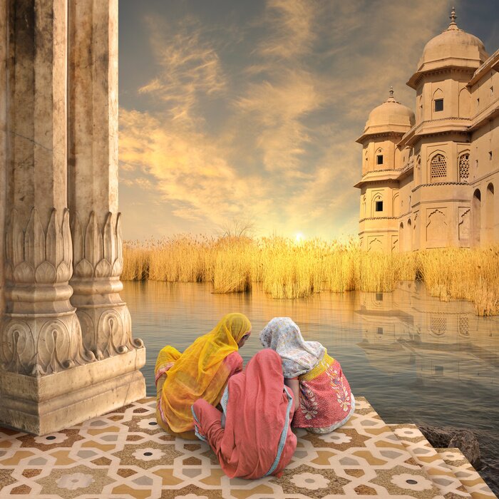 Poster Asien Landschaft drei Frauen in einem Tempel