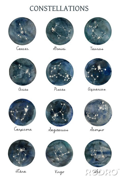 Poster Astrology, stars constellation poster, watercolor illustration of galaxy, space, starry sky. Dark blue background of space.