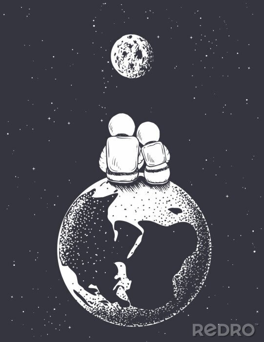 Poster astronaut girl and boy looks to Moon from Earth.Love in space.Romantic vector illustration