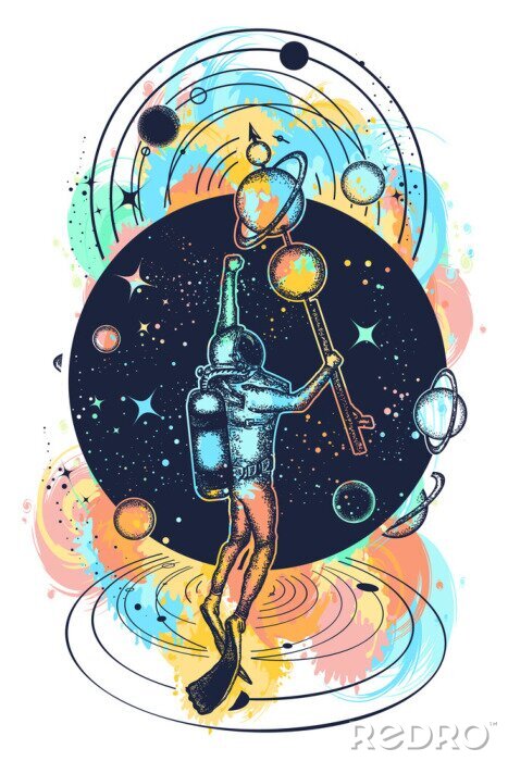 Poster Astronaut im Weltraum und Universum T-Shirt-Design. Taucher schwebt in der Raumtätowierungskunst. Symbol der Wissenschaft, Forschung, Raumfahrt