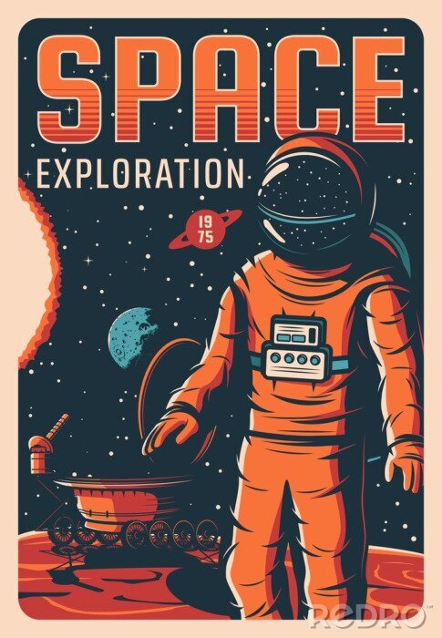 Poster Astronaut in outer space, universe exploration vector retro poster. Cosmonaut galaxy explorer in spacesuit stand on red planet surface with rover. Mars explore mission, vintage card with cosmonaut