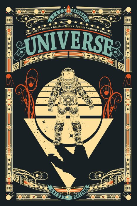 Poster Astronaut in outer space. Universe slogan. Sci-fi ornamental print, t-shirt design