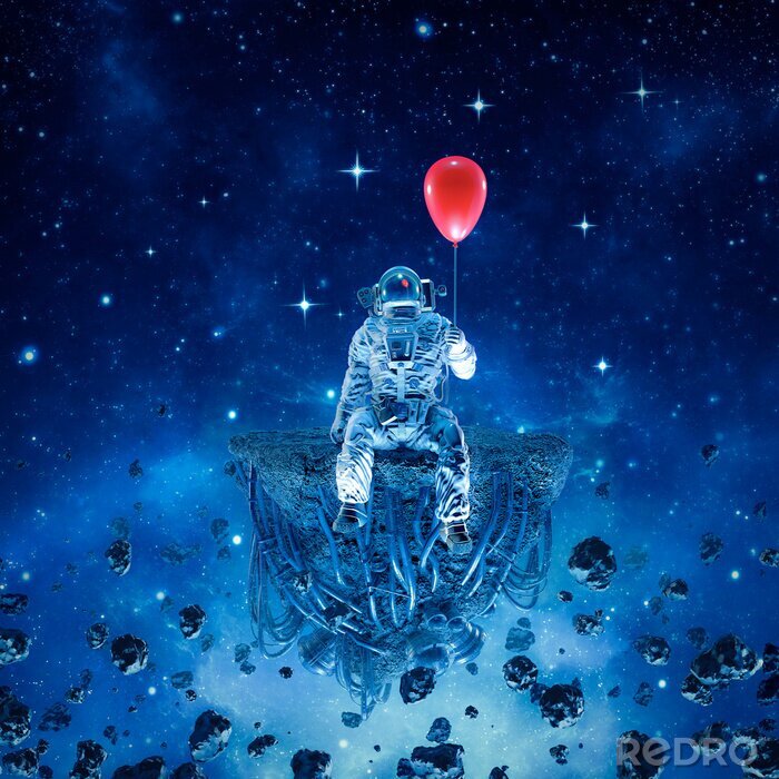 Poster Astronaut mit rotem Luftballon in der Hand