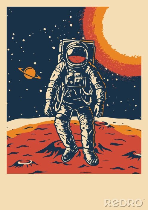 Poster Astronaut Mond Sterne und Planeten Grafik