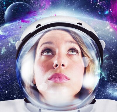 Poster Astronautin und Weltraum als Hintergrund