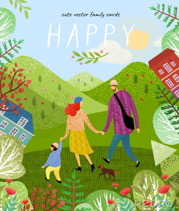 Poster Auf der Wiese Familie beim Spaziergang