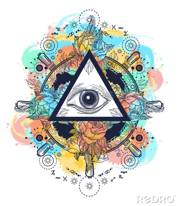 Poster Auge in einem Dreieck auf einem Hintergrund aus bunten Blumen