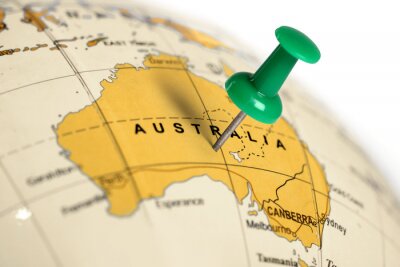 Poster Australien Karte Stecknadel auf dem Globus markiert