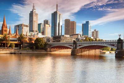 Poster Australiens Skyline von Melbourne an einem sonnigen Tag
