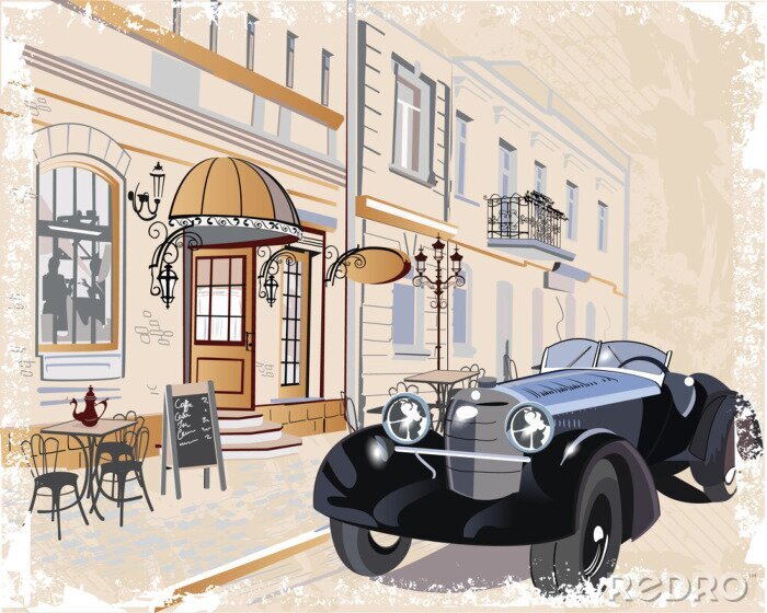 Poster Auto und Stadt mit einem Café