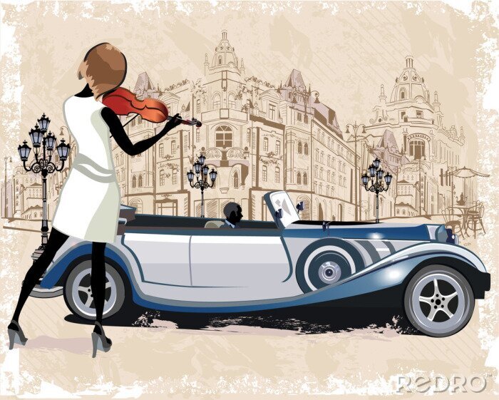 Poster Auto und Stadt mit Geigespielerin