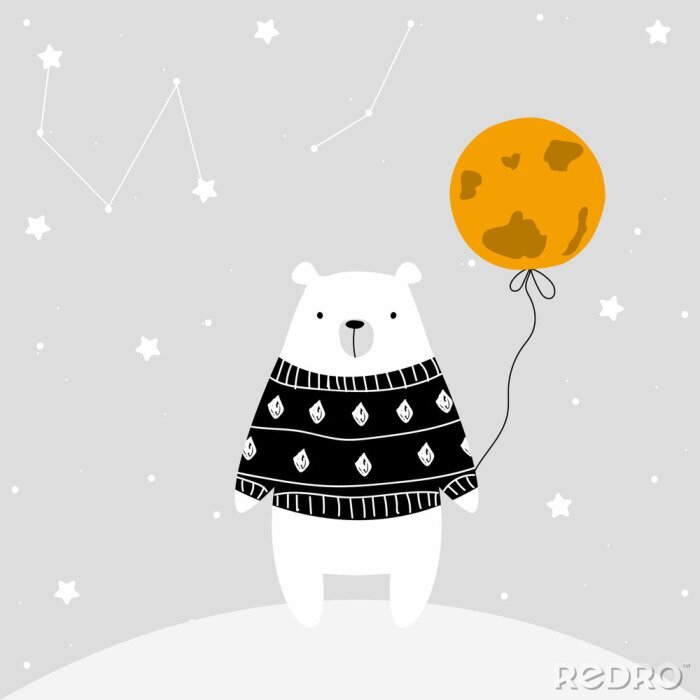 Poster Bär mit einem gelben Luftballon vor einem Hintergrund von Sternen