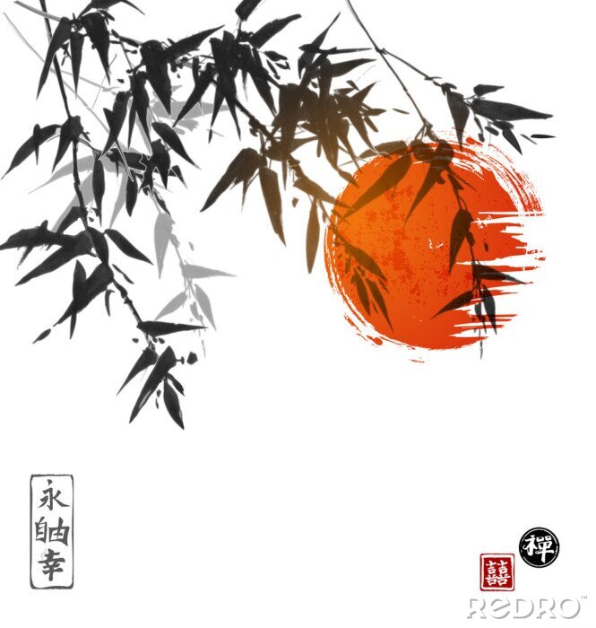 Poster Bambus-Bäume und rote Sonne von Hand gezeichnet mit Tinte in der traditionellen japanischen Malerei Stil Sumi-e Enthält Hieroglyphen - Ewigkeit, Freiheit, Glück, Glück