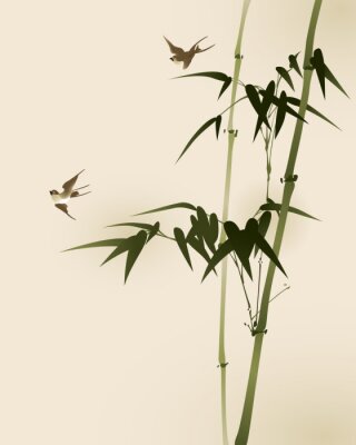 Poster Bambus Motiv mit Vögeln